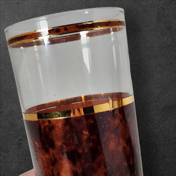 6 Vintage Culver Highball Glasses Tortoiseshell Brazilian Brown 22K Gold Barware - Picture 8 of 10